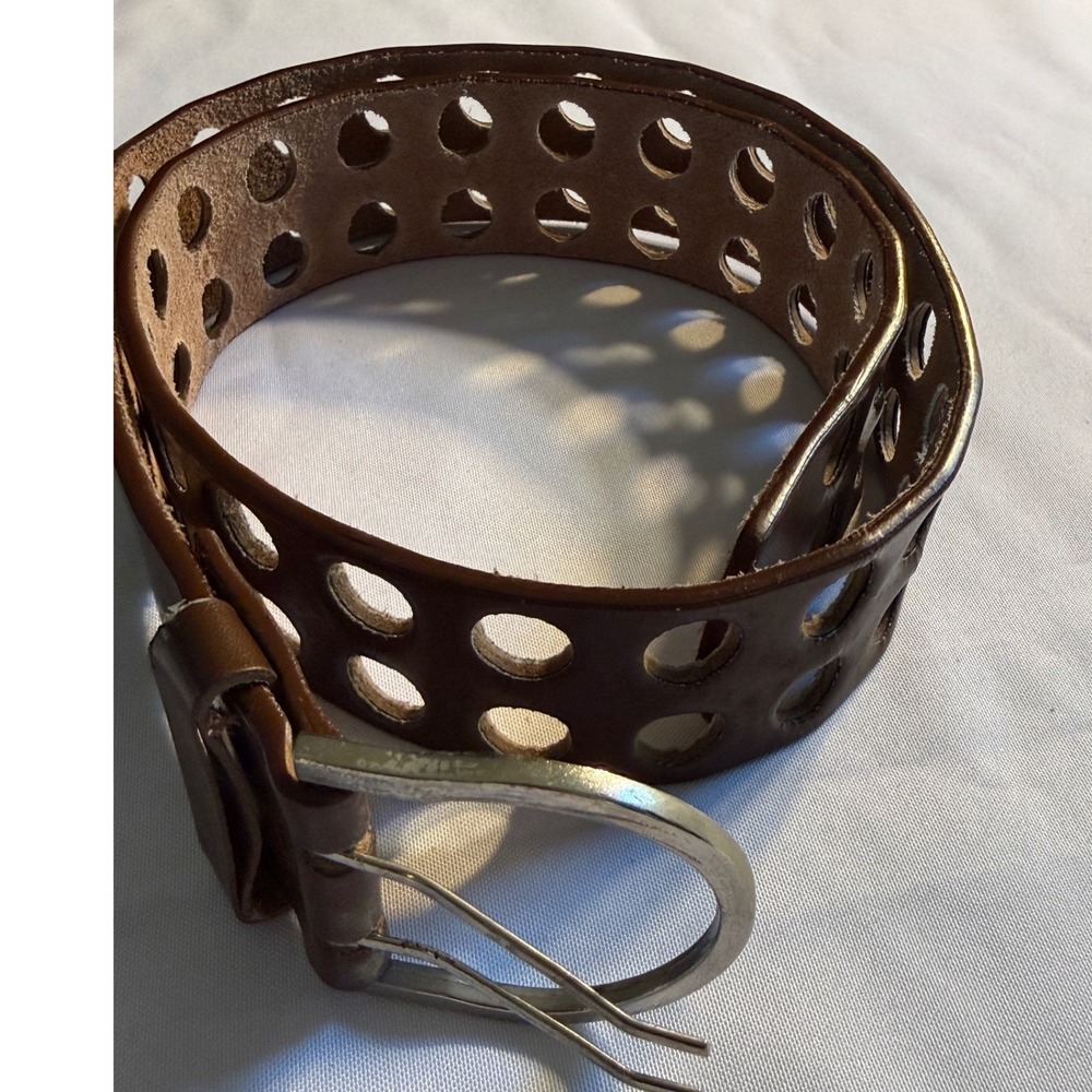 Genuine Leather Brown Double Grommet Perforated Belt SL05689 M/L